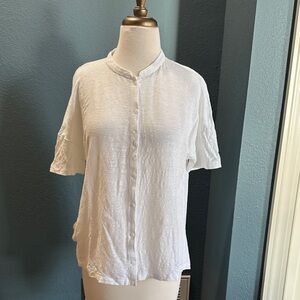 Eileen Fisher White Short-Sleeve Button-Front Band Collar Top